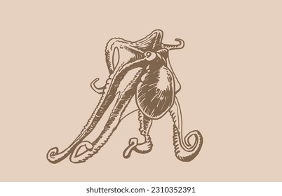 Graphical seafood vintage illustration, vector octopus on sepia background. Underwater habitant, delicatessen
