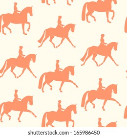 Graphical seamless pattern with dressage elements. Perfect equine texture with rider and an elegant horse. Beautiful horseback riding background made in gentle colors.
