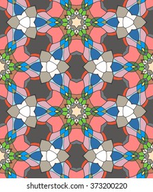 Graphical seamless pattern. Vector stained glass kaleidoscopic texture. Endless ornamental background. Use for pattern fills, wallpaper, textile, wrapping paper, web page background. 