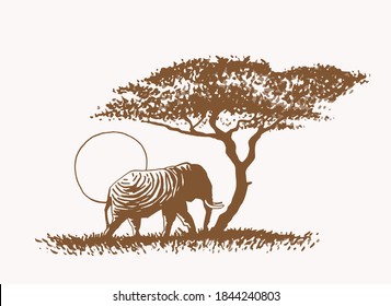 Graphical sepia illustration of elephant walking on the grass , vector 