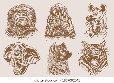 Graphical sepia set of wild African animals, illustration