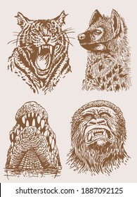 Graphical sepia set of wild African animals, illustration