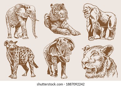 Graphical sepia set of wild African animals, illustration