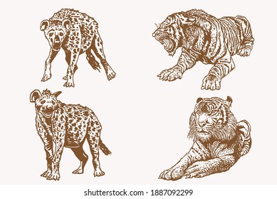 Graphical sepia set of wild African animals, illustration