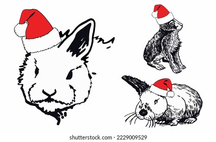 Graphical ser of  bunnies in Santa Claus hat isolated on white, vector new year illustration