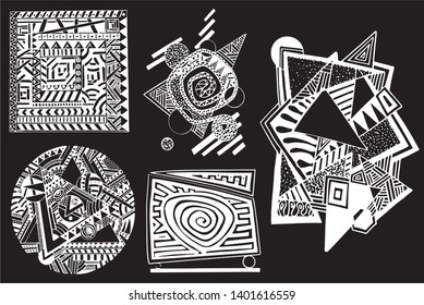 Graphical set of abstract illustrations isolated on black, anti stress vector illustration