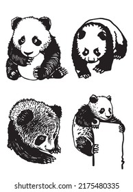 Graphical set of adorable pandas, vector ink pen illustration, cute bears