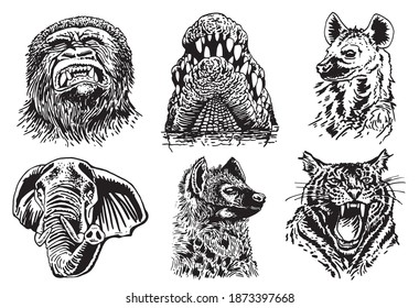 Graphical set of African animals isolated on white background, vector elements, wildlife