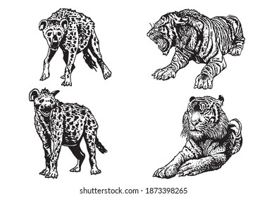 Graphical set of African animals isolated on white background, vector elements, wildlife