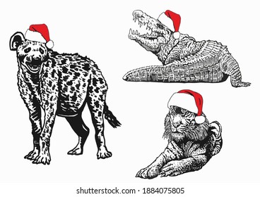Graphical set of African animals in Santa Claus hats isolated on white background, vector new year illustration