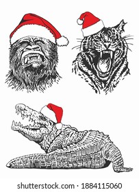 Graphical set of African animals in Santa Claus hats isolated on white background, vector new year illustration