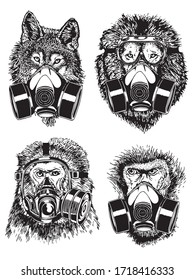 Graphical set of animal portraits in protective masks isolated on white background, vector illustration, covid-19