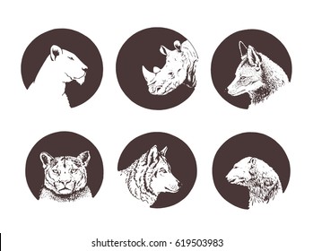 Graphical set of animals icons isolated on white background, logo