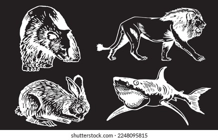 Graphical set of animals isolated on black background,vector engraved illustration. Zoology