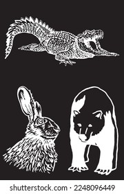 Graphical set of animals isolated on black background,vector engraved illustration. Zoology