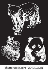 Graphical set of animals isolated on black background,vector engraved illustration. Zoology