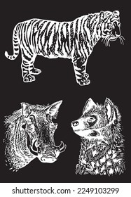 Graphical set of animals isolated on black background,vector engraved illustration. Zoology