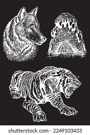 Graphical set of animals isolated on black background,vector engraved illustration. Zoology
