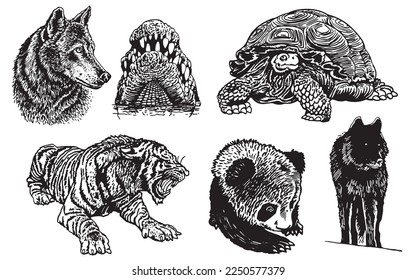 Graphical set of animals isolated on white background,vector illustration. Zoology. Elements for design
