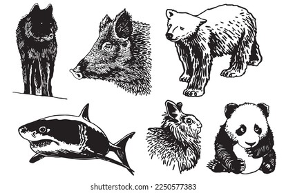 Graphical set of animals isolated on white background,vector illustration. Zoology. Elements for design