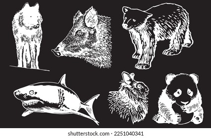 Graphical set of animals isolated on black background,vector engraved illustration. Zoology. Elements for design