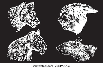 Graphical set of animals isolated on black, vector portraits of lion. wolf,rat