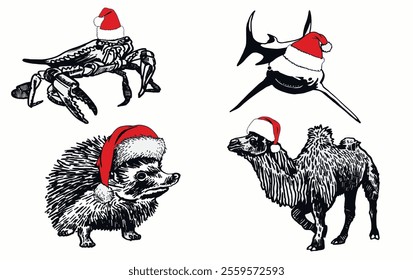 Graphical set of animals in red Santa Claus hats on white bakground, shark , crab, camel and hedgehog