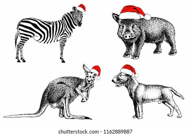Set of Christmas Name Tags with Cute Animals in Santa Claus