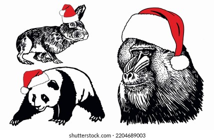 Graphical set of animals in Santa Claus hats isolatedon white,vector new year elements for christmas design