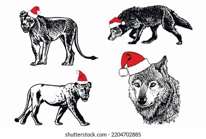 Graphical set of animals in Santa Claus hats isolatedon white,vector new year elements for christmas design