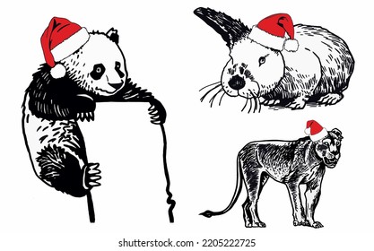 Graphical set of animals in Santa Claus hats isolated on white,vector new year elements for christmas design