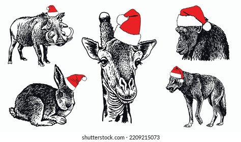 Graphical set of animals in Santa Claus hats isolated on white,vector new year elements for christmas design