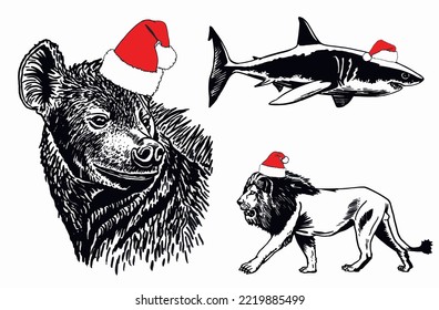 Graphical set of animals in Santa Claus red hats isolated on white background. Christmas elements