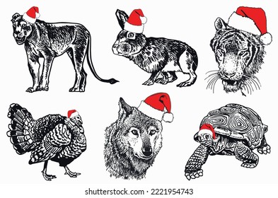 Graphical set of animals in Santa Claus red hats isolated on white background. Christmas elements