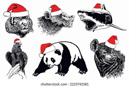 Graphical set of animals in Santa Claus red hats isolated on white background. Christmas elements