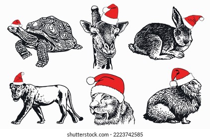 Graphical set of animals in Santa Claus red hats isolated on white background. Christmas elements