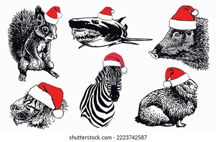 Graphical set of animals in Santa Claus red hats isolated on white background. Christmas elements