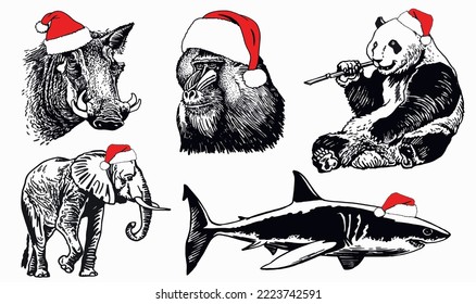 Graphical set of animals in Santa Claus red hats isolated on white background. Christmas elements