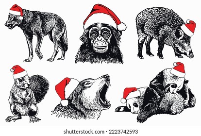 Grafische Tiersammlung in Roten Hützen des Weihnachtsmanns, einzeln auf weißem Hintergrund. Weihnachtselemente