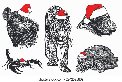 Graphical set of animals in Santa Claus hats isolatedon white,vector new year elements for christmas design