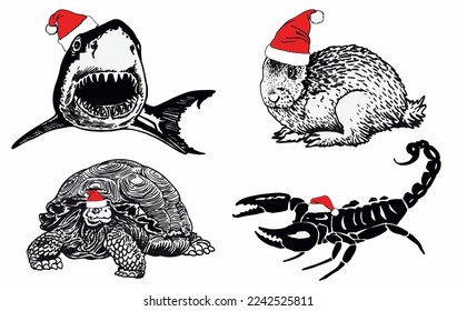Graphical set of animals in Santa Claus hats isolatedon white,vector new year elements for christmas design