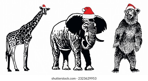 Graphical set of animals in Santa Claus red hats on white background isolated, Christmas elements. Vector illustration
