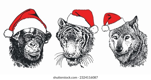 Conjunto gráfico de animales en Santa Claus sombreros rojos sobre fondo blanco aislados, elementos navideños. Ilustración del vector