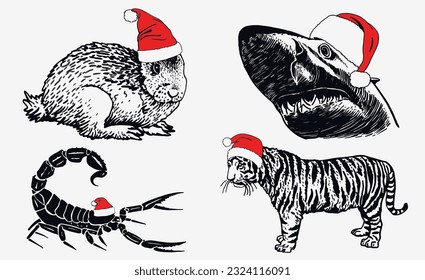 Graphical set of animals in Santa Claus red hats on white background isolated, Christmas elements. Vector illustration