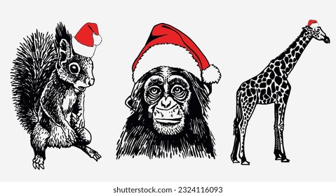 Graphical set of animals in Santa Claus red hats on white background isolated, Christmas elements. Vector illustration