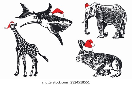 Graphical set of animals in Santa Claus red hats on white background isolated, Christmas elements. Vector illustration