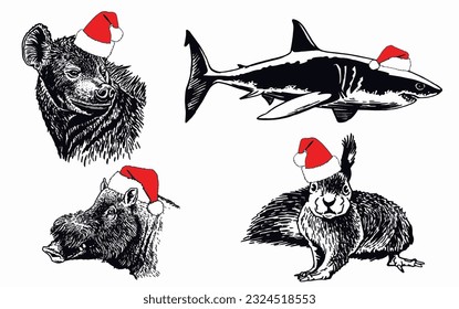 Graphical set of animals in Santa Claus red hats on white background isolated, Christmas elements. Vector illustration