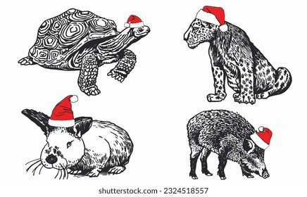 Graphical set of animals in Santa Claus red hats on white background isolated, Christmas elements. Vector illustration