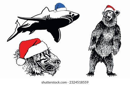Graphical set of animals in Santa Claus red hats on white background isolated, Christmas elements. Vector illustration