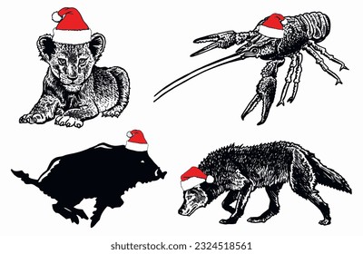Graphical set of animals in Santa Claus red hats on white background isolated, Christmas elements. Vector illustration